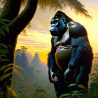 Majestic gorilla in lush jungle at sunrise