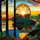 Vibrant sunset with trees in stained glass style