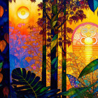 Colorful Forest Sunset Illustration in Stained Glass Style