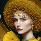 Lavish golden headdress and jewelry on woman in ornate outfit