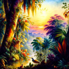 Colorful Jungle Scene at Sunrise with Lush Foliage and Blue Bird