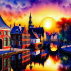 Vivid European Town Sunset Painting with Water Reflections