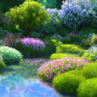 Lush Garden with Colorful Flowers and Tranquil Stream