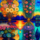 Colorful Stylized Trees Artwork Against Sunset and Water Reflection