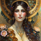 Detailed painting of woman with golden headdress, surrounded by flowers and jewelry