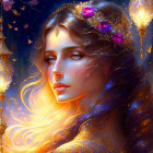 Illustrated ethereal woman in golden crown amid glowing lanterns and cherry blossoms