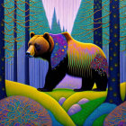 Colorful Psychedelic Bear Roaming Mystical Forest at Night