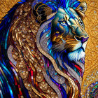 Colorful Lion Illustration in Mosaic Style: Blue and Gold Patterns