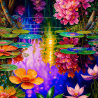 Colorful digital artwork: Waterfall, flowers, lily pads, glowing reflection