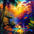 Tropical rainforest painting with river under orange sunset