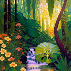 Colorful Jungle Scene with Waterfall and Exotic Flora