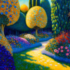 Colorful whimsical garden painting with blue and orange flowerbeds and yellow trees