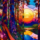 Colorful Stained Glass Art: Sunset Scene with Trees and Rolling Landscape