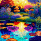 Colorful Landscape Painting with Reflective Water & Illuminated Trees