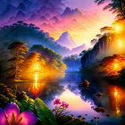 Tranquil lake, lush forests, misty mountains: vibrant digital art landscape