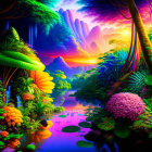 Colorful Fantasy Landscape: Waterfall, Flora, River, Sunset Sky, Mountains