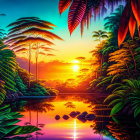 Tropical sunset over calm river with lush foliage