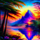 Colorful Tropical Sunset Illustration with Silhouetted Trees and Mountain