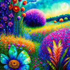 Colorful landscape with psychedelic flowers, lush foliage, and luminous full moon