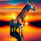 Giraffe silhouette at vibrant sunset reflection in water