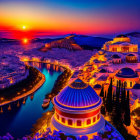 Scenic Mediterranean coastal town at sunset with blue domes and boats