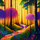 Colorful stylized forest painting with oversized purple mushrooms and glowing yellow trees