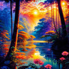 Vibrant digital artwork: Tropical forest at sunset