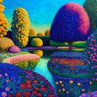 Vibrant, stylized landscape with whimsical dot-covered trees and cobblestone-like texture.