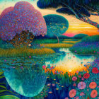 Colorful surreal landscape with stylized trees, reflective pond, and sunset transition.