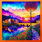 Colorful Painting of Whimsical Landscape with Tree, Flowers, Village, Sunset, and Hot Air