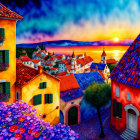 Scenic coastal town with terracotta roofs, blooming flowers, and calm sea at sunset