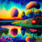 Colorful Landscape Painting with Whimsical Trees, Reflective Lake, Sunset, and Starry Sky