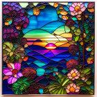 Colorful stained glass artwork of ocean sunset with flowers and foliage