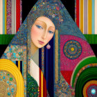 Colorful artwork featuring stylized female figure in ornate cloak surrounded by circular designs.