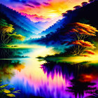 Colorful digital illustration: Lakeside landscape at sunset with mountains and foliage