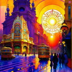 Fantastical city sunset illustration with ornate buildings and tram.