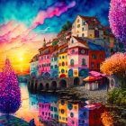 Vibrant sunset sky over colorful waterfront buildings