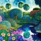 Colorful fantasy garden with oversized flora and lily pads on a pond