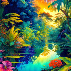 Lush Tropical Landscape with Colorful Flowers and Serene River