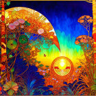 Colorful digital artwork: Stylized landscape with moon, floral patterns, bird silhouette