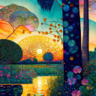 Colorful Sunset Landscape with Whimsical Elements