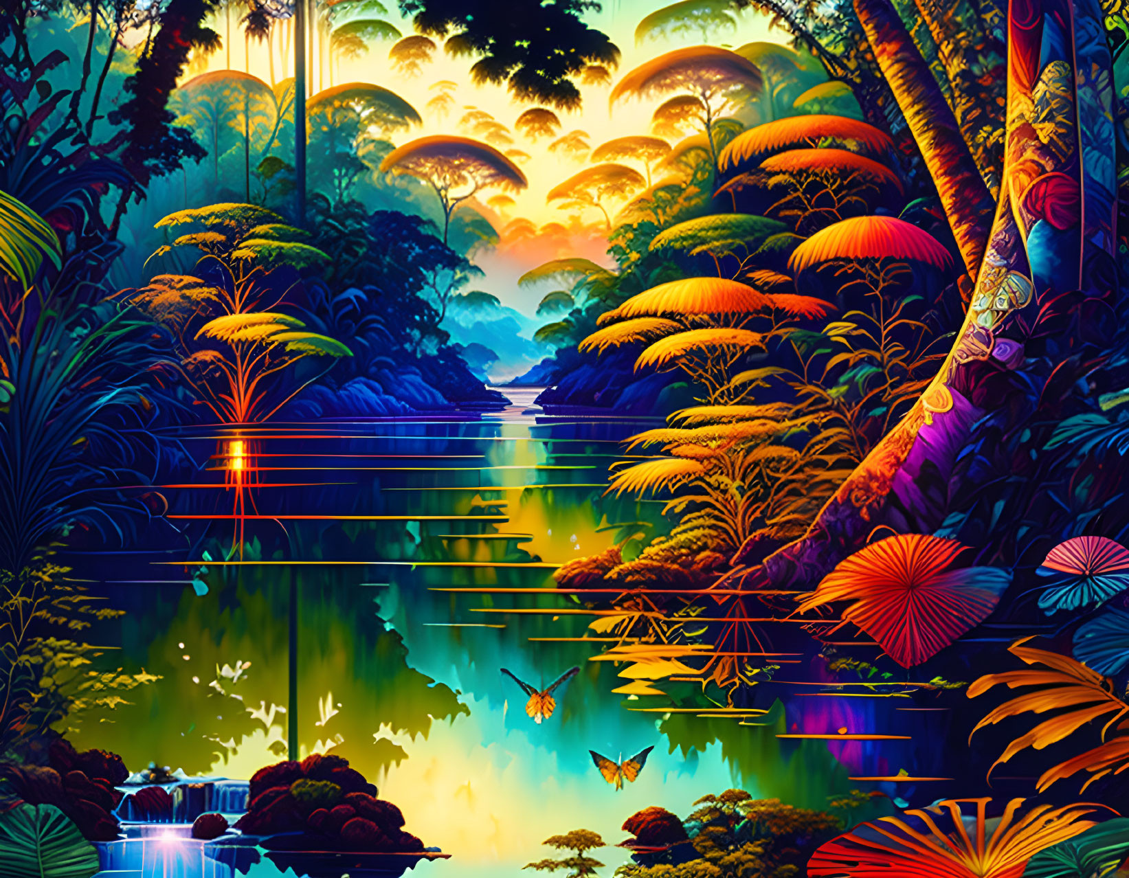 Lush Jungle Scene with River, Waterfall, Butterfly, and Mystical Light