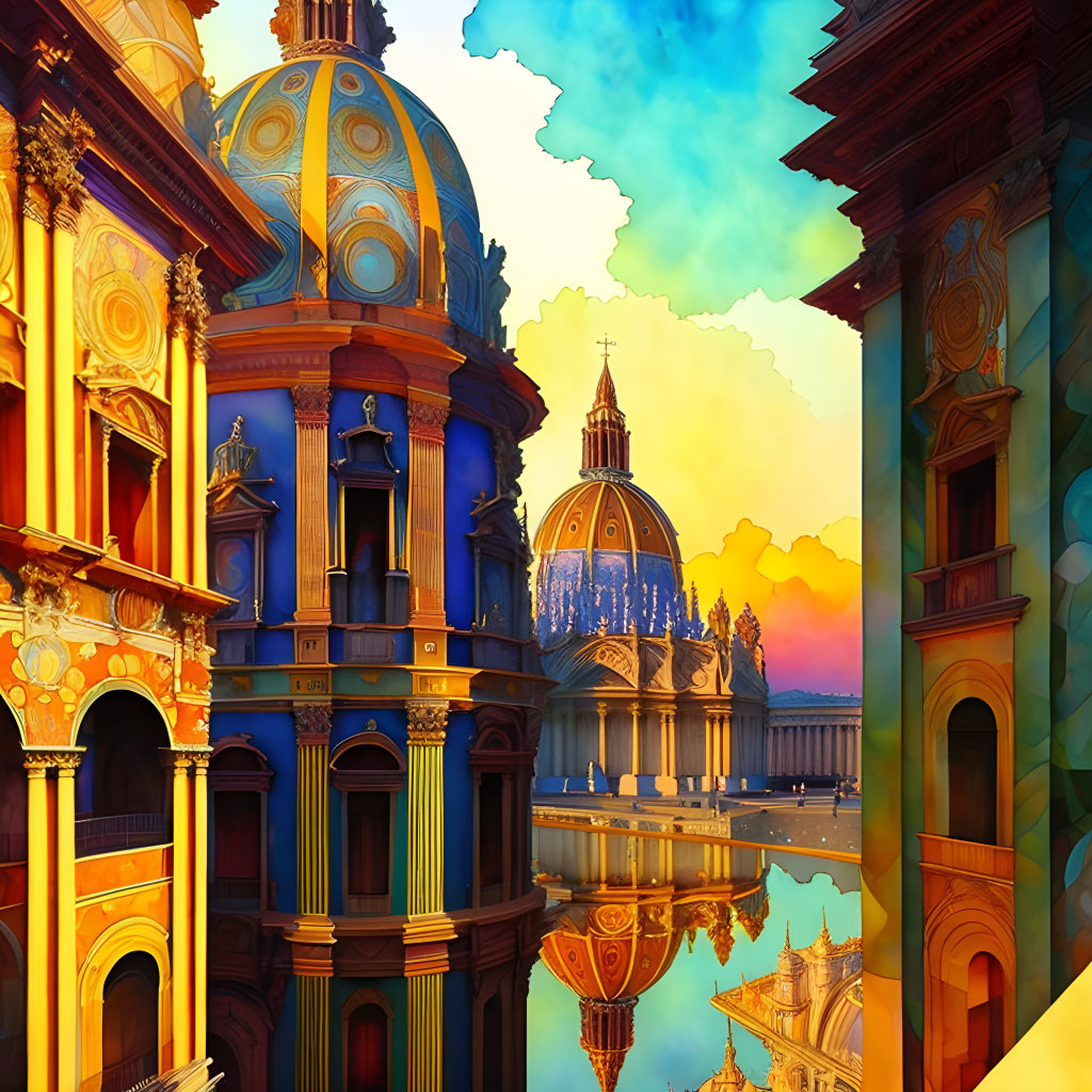 European-style domed buildings reflected on water at sunset with vibrant warm and cool colors