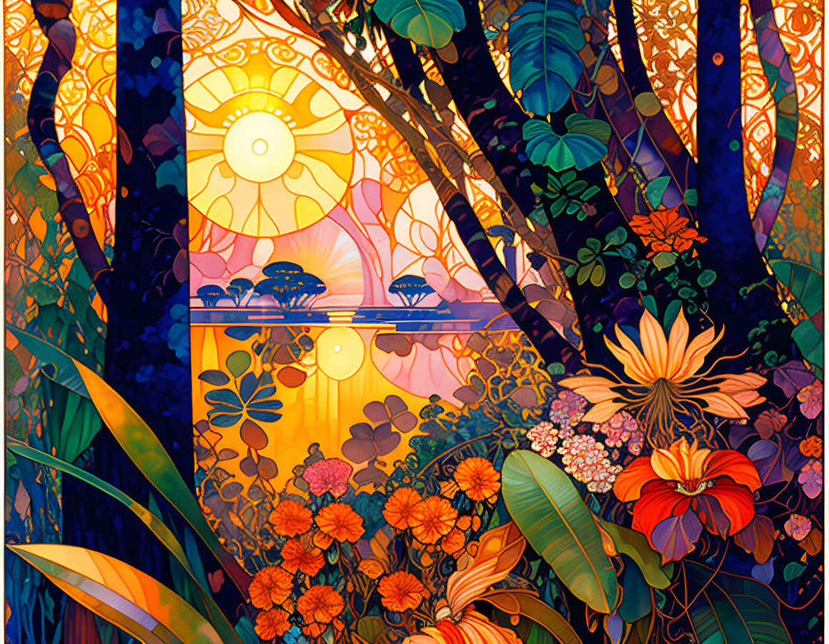 Colorful Stained Glass Forest Sunset Illustration