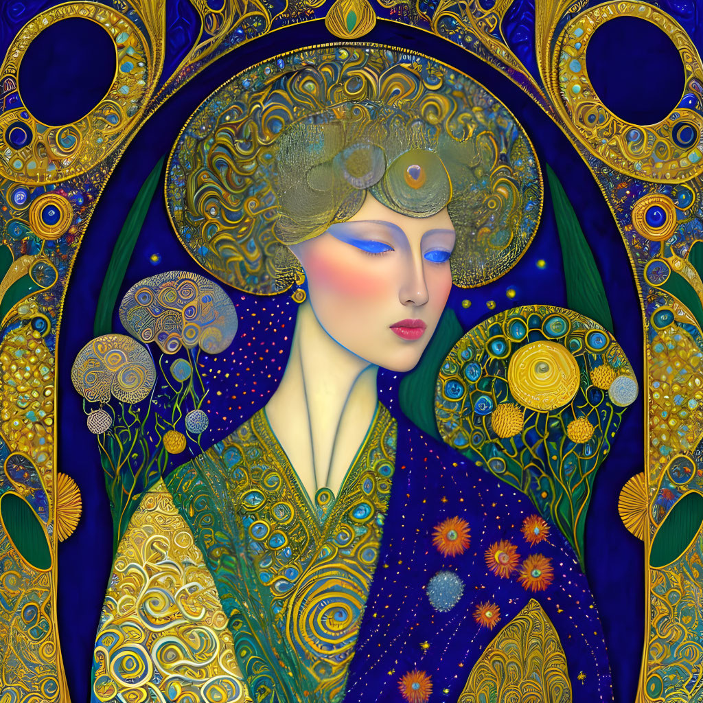 Art Nouveau-inspired portrait of a woman with vibrant colors and floral motifs