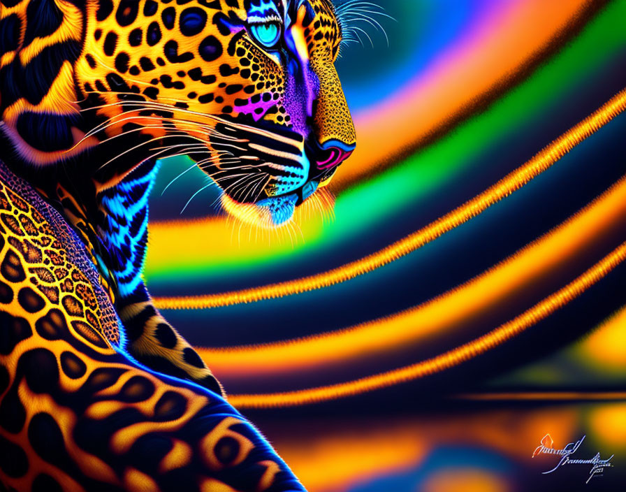 Colorful Neon Leopard Artwork on Psychedelic Background