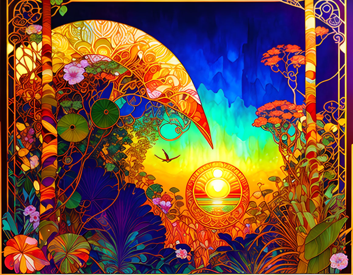 Colorful digital artwork: Stylized landscape with moon, floral patterns, bird silhouette