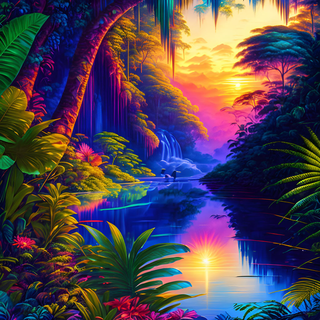 Tropical jungle with lush foliage, waterfalls, serene river, sunset sky horizon