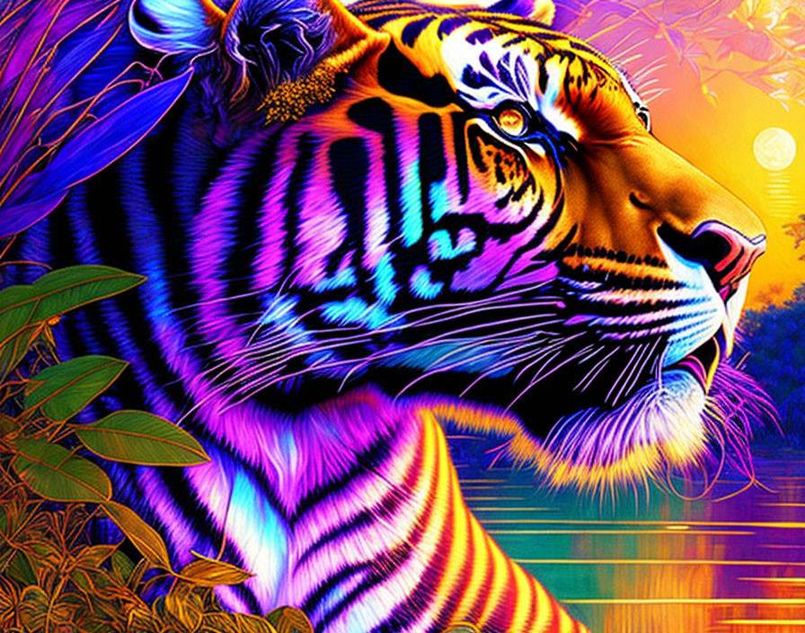 Multicolored tiger in neon-lit jungle with vivid sunset