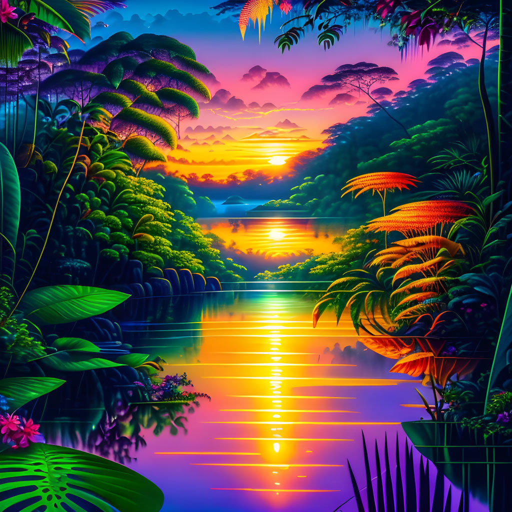 Tropical sunset digital art: lush foliage, water reflections, mountains.